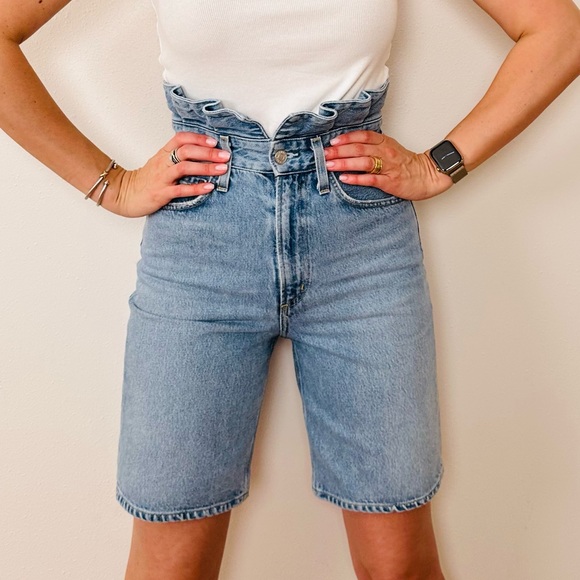 Agolde super high waisted ruffle top 100% organic cotton demin blue jean shorts - Picture 2 of 10